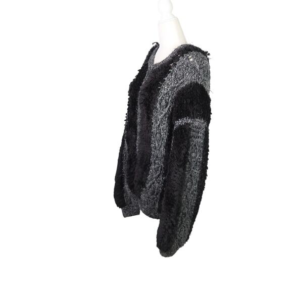 Vintage 80s grey and fuzzy black knit stripe cardigan sweater L - Picture 3 of 8